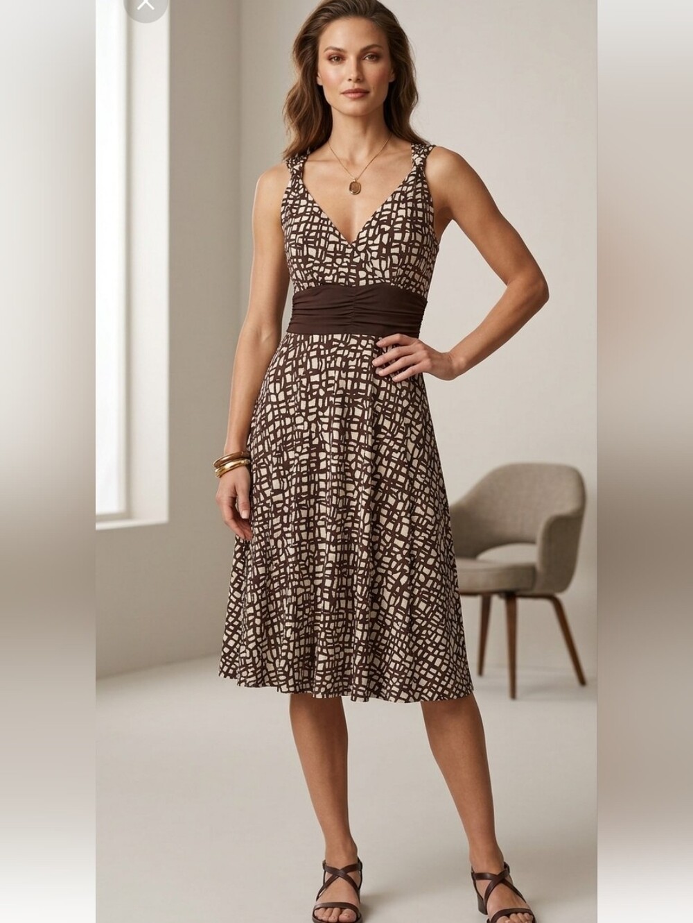 Liz claiborne brown and cream midi dress sz 6